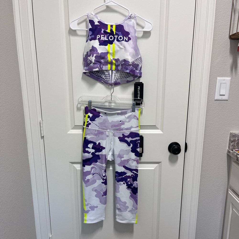 Peloton purple camo print matching Bra top and leggings